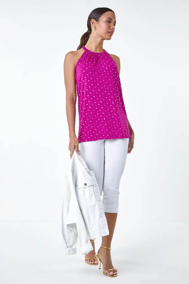Magenta Metallic Foil Sun Halter Neck Top Women Roman Tops