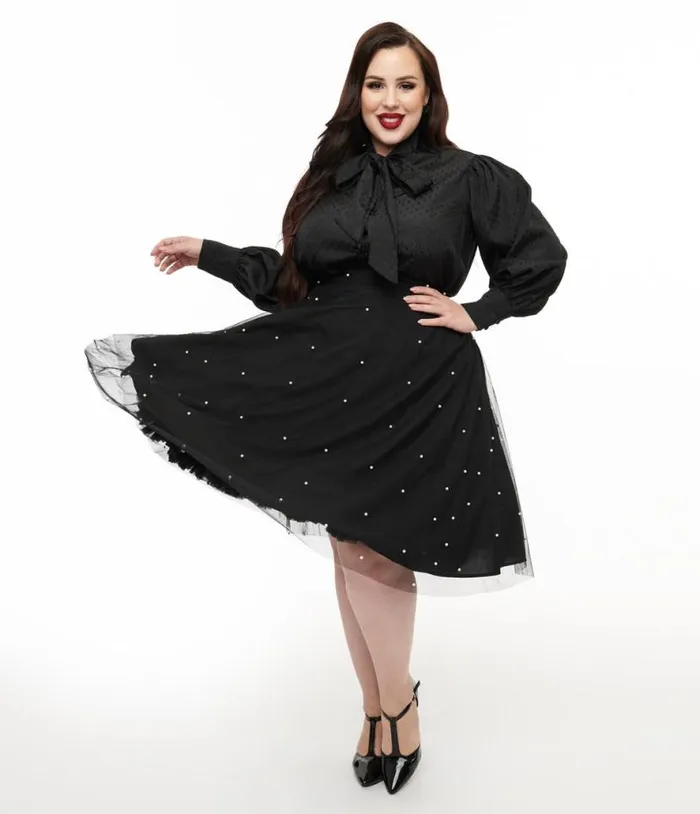 Magnolia Place Plus Size Black and Faux Pearl Sally Swing Skirt ClothingPlus Unique Vintage Skirts Magnolia Place Plus Size Black and Faux Pearl Sally Swing Skirt ClothingPlus Unique Vintage Skirts