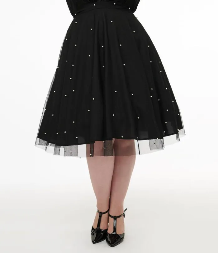 Magnolia Place Plus Size Black and Faux Pearl Sally Swing Skirt ClothingPlus Unique Vintage Skirts
