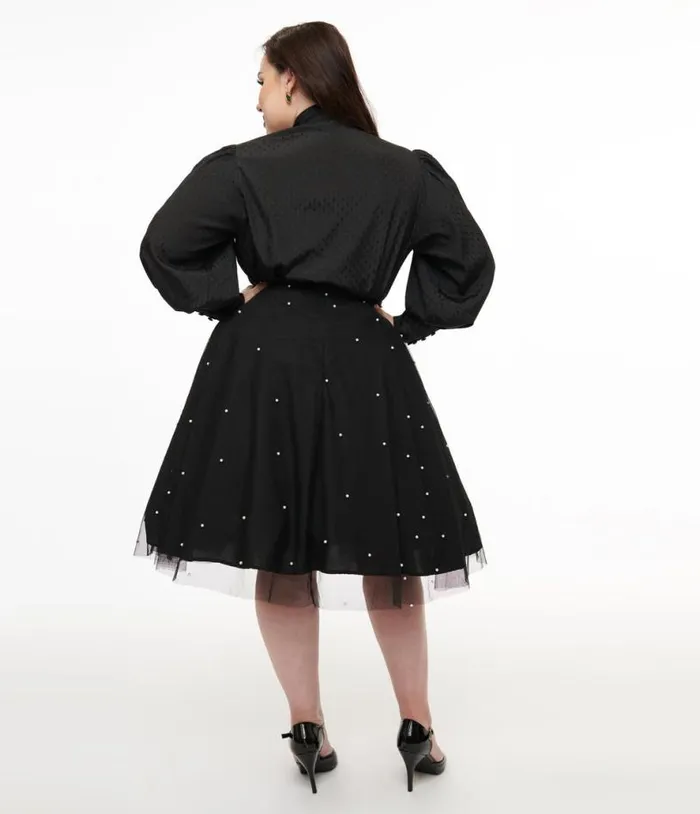Magnolia Place Plus Size Black and Faux Pearl Sally Swing Skirt ClothingPlus Unique Vintage Skirts