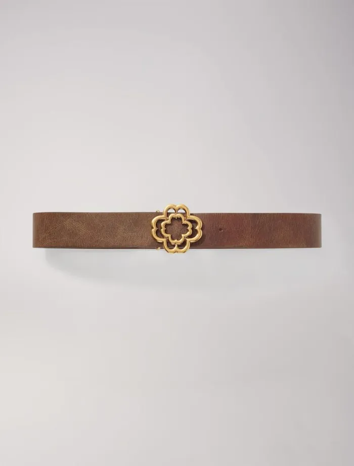 Maje Belts Womens Distressed Leather Clover Belt Old Brown