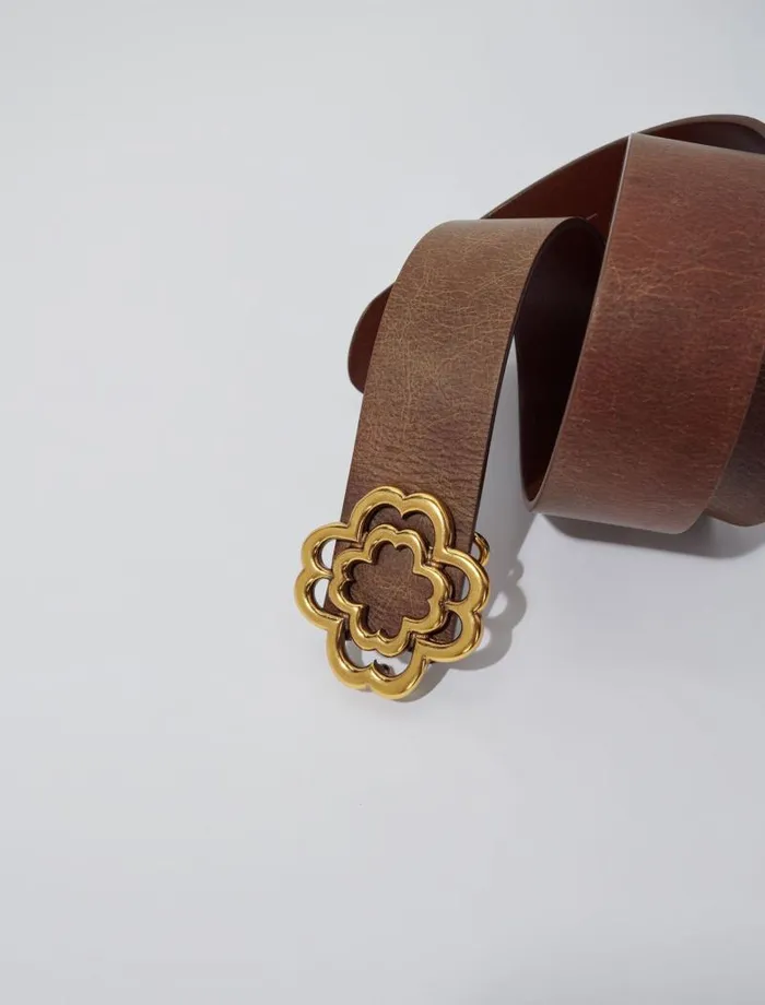 Maje Belts Womens Distressed Leather Clover Belt Old Brown