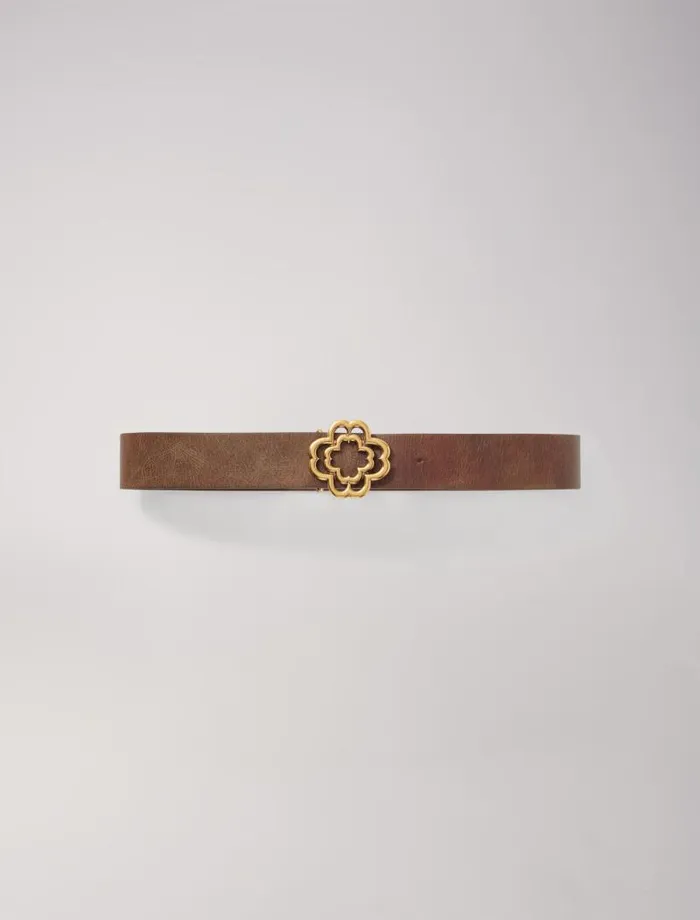 Maje Belts Womens Distressed Leather Clover Belt Old Brown