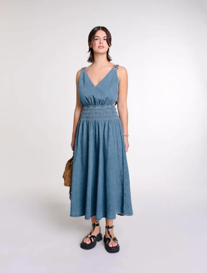 Maje Dresses Womens Cutaway Denim Maxi Dress Blue Denim