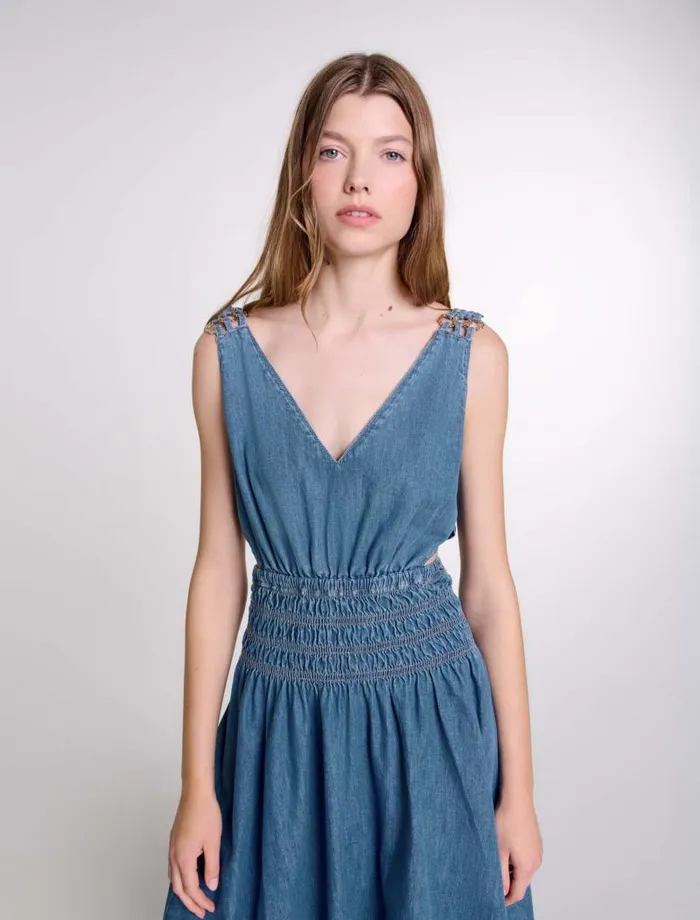 Maje Dresses Womens Cutaway Denim Maxi Dress Blue Denim