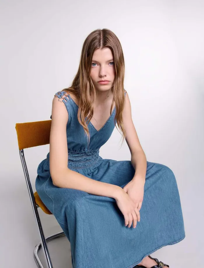 Maje Dresses Womens Cutaway Denim Maxi Dress Blue Denim