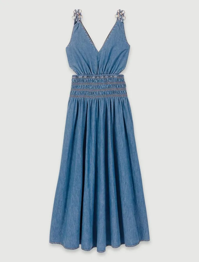 Maje Dresses Womens Cutaway Denim Maxi Dress Blue Denim
