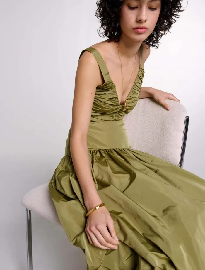 Maje Dresses Womens Cutaway Taffeta Dress Khaki