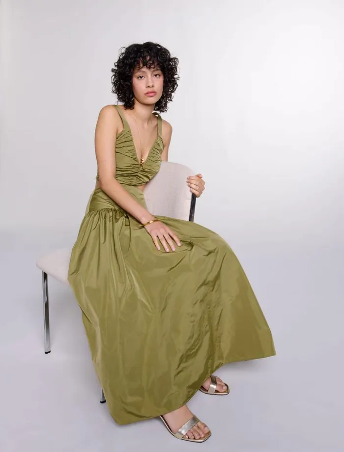 Maje Dresses Womens Cutaway Taffeta Dress Khaki