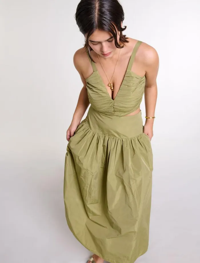 Maje Dresses Womens Cutaway Taffeta Dress Khaki