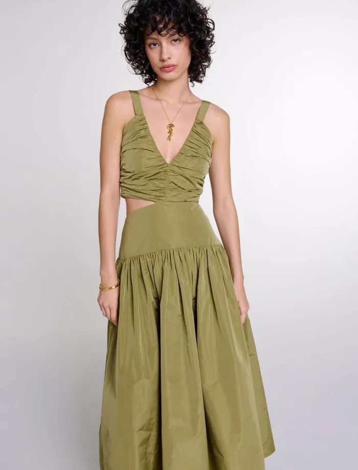 Maje Dresses Womens Cutaway Taffeta Dress Khaki
