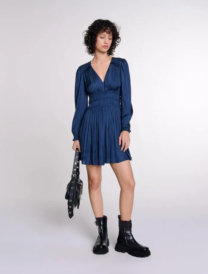 Maje Dresses Womens Satin Dress With Ruffles Navy