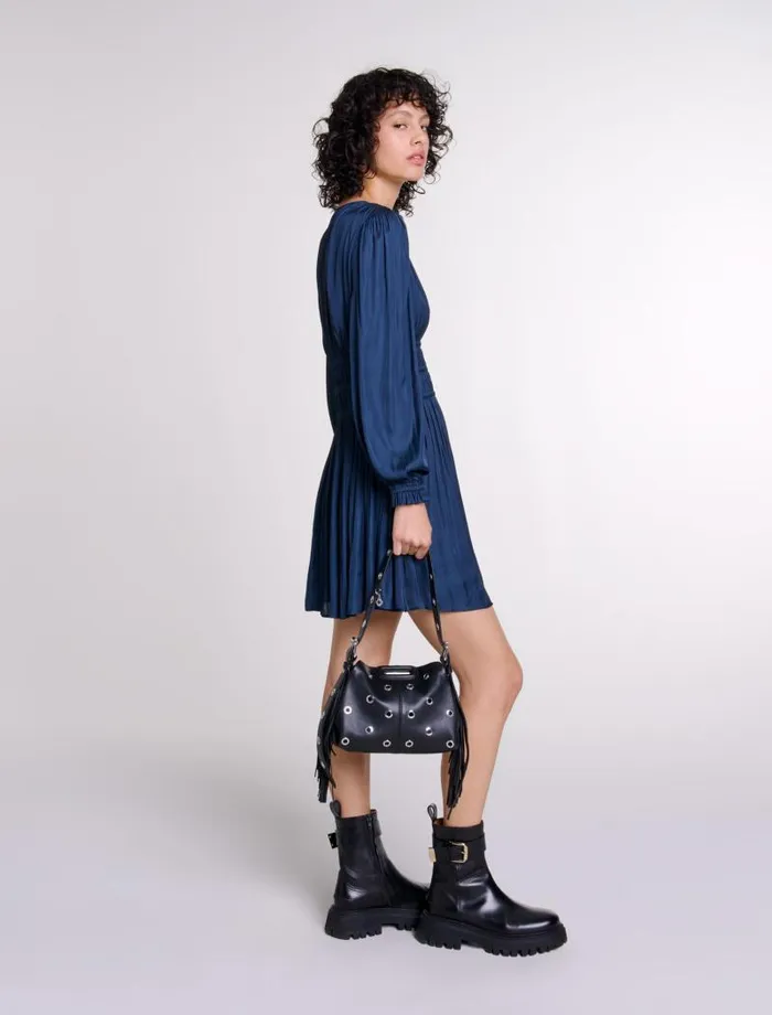 Maje Dresses Womens Satin Dress With Ruffles Navy