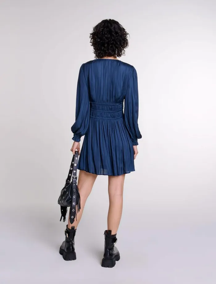 Maje Dresses Womens Satin Dress With Ruffles Navy