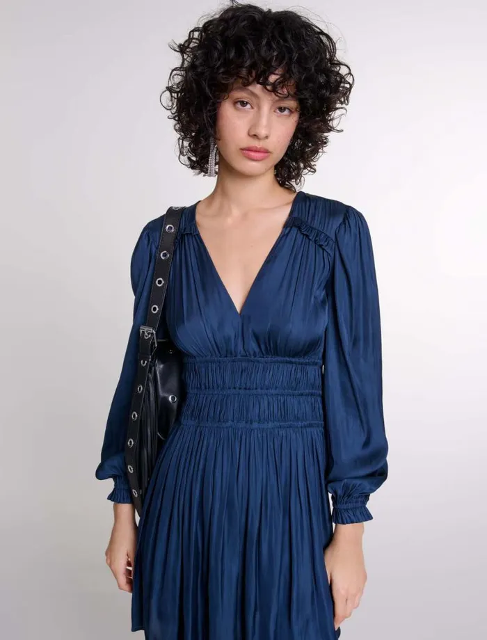 Maje Dresses Womens Satin Dress With Ruffles Navy