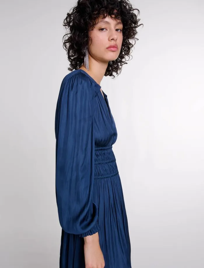 Maje Dresses Womens Satin Dress With Ruffles Navy