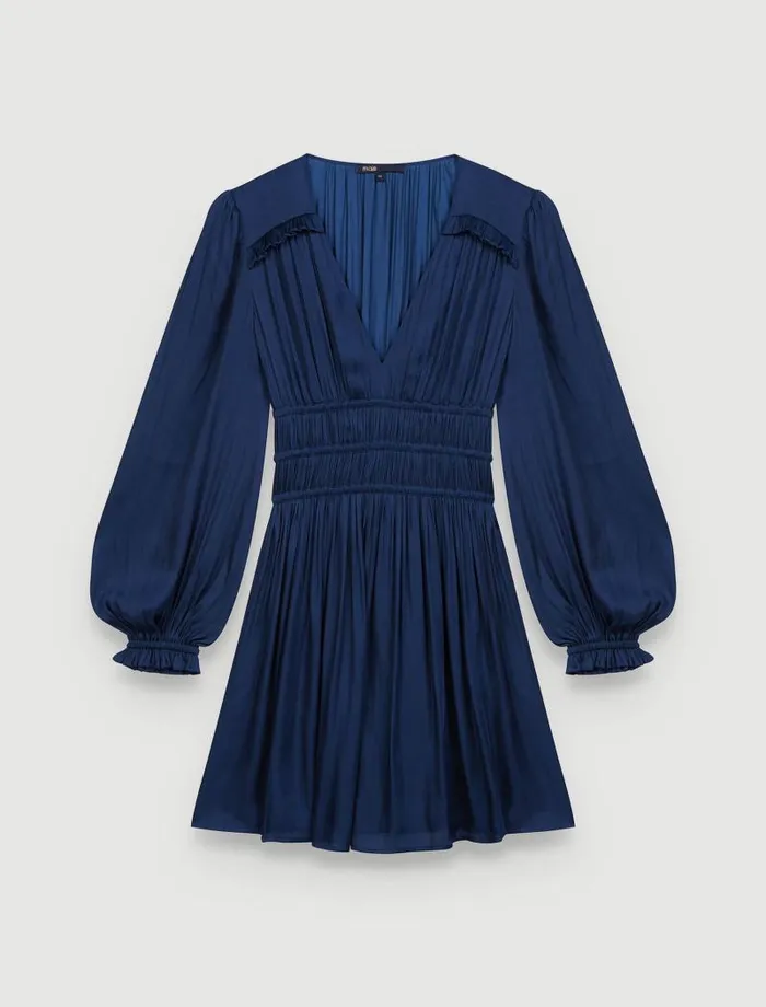 Maje Dresses Womens Satin Dress With Ruffles Navy