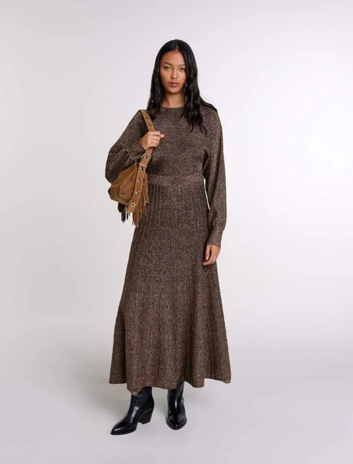 Maje Dresses Womens Shiny Knit Maxi Dress Gold