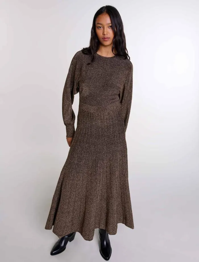 Maje Dresses Womens Shiny Knit Maxi Dress Gold
