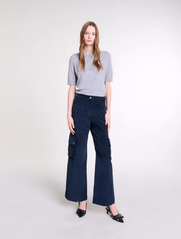 Maje Pants and Jeans Womens Velour Cargo Trousers Navy