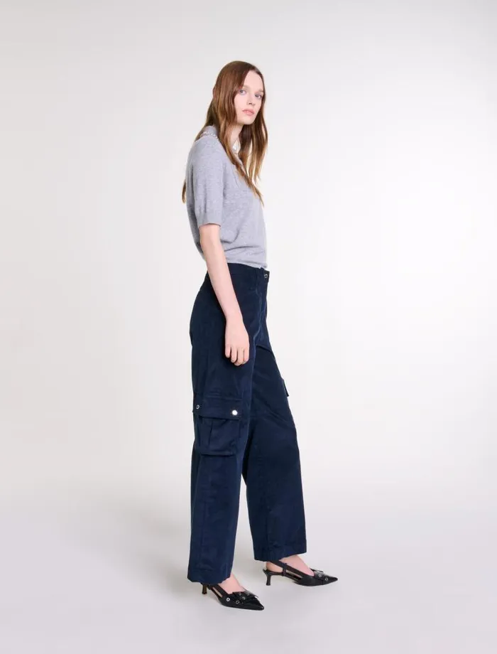 Maje Pants and Jeans Womens Velour Cargo Trousers Navy