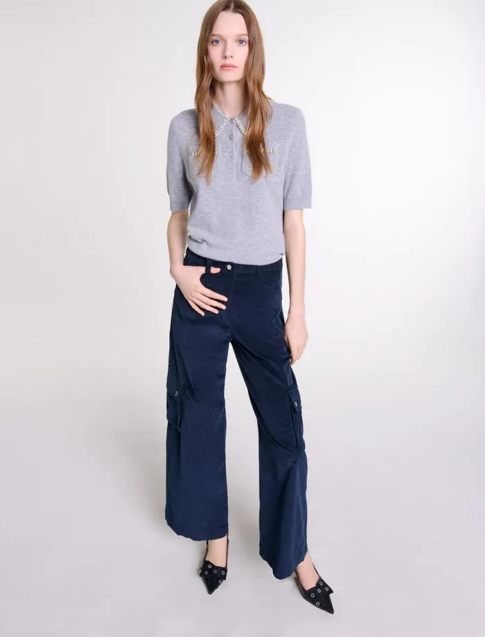 Maje Pants and Jeans Womens Velour Cargo Trousers Navy