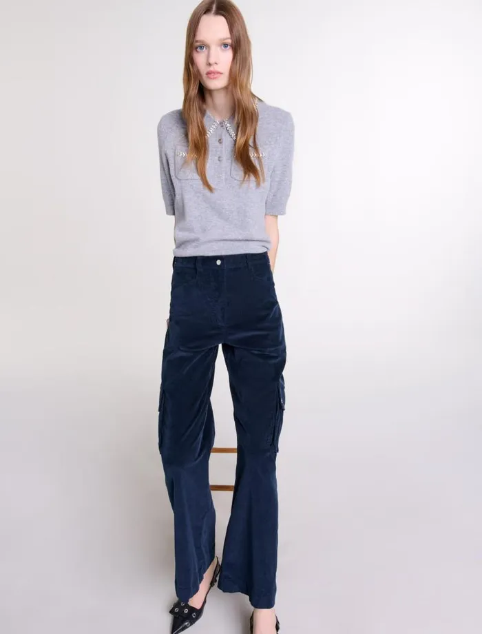 Maje Pants and Jeans Womens Velour Cargo Trousers Navy