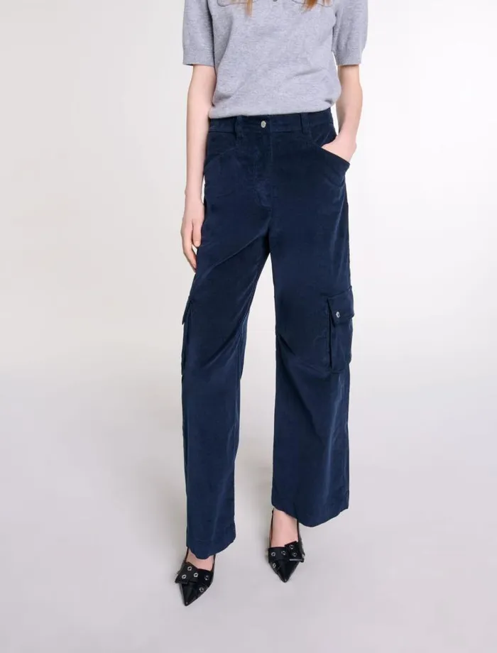 Maje Pants and Jeans Womens Velour Cargo Trousers Navy