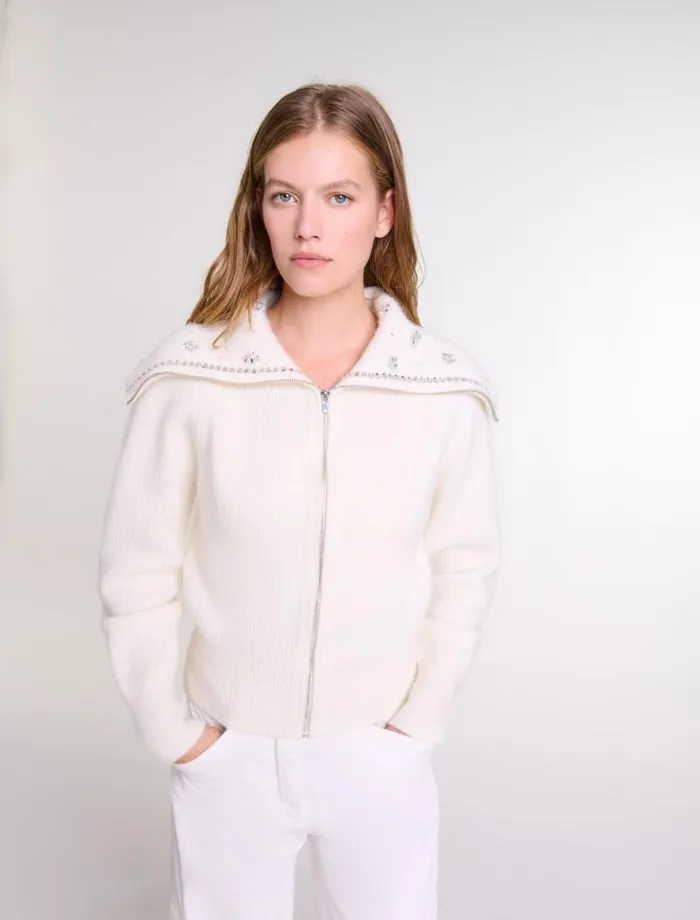 Maje Sweaters and Cardigans Womens Cardigan With Jewellery Neck Ecru