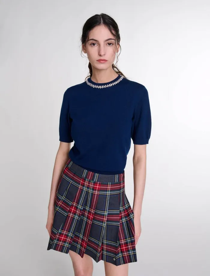 Maje Sweaters and Cardigans Womens Knit Crop Jumper With Rhinestones Navy