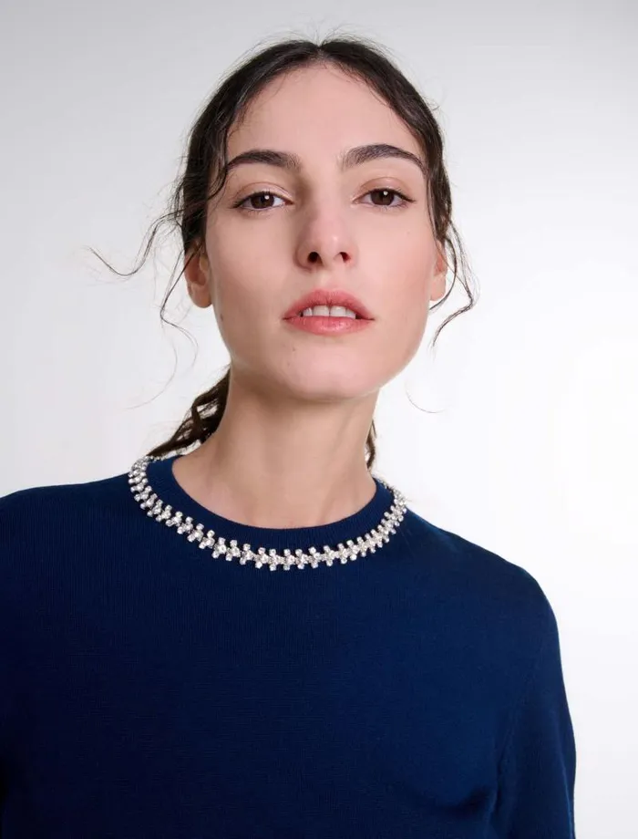 Maje Sweaters and Cardigans Womens Knit Crop Jumper With Rhinestones Navy