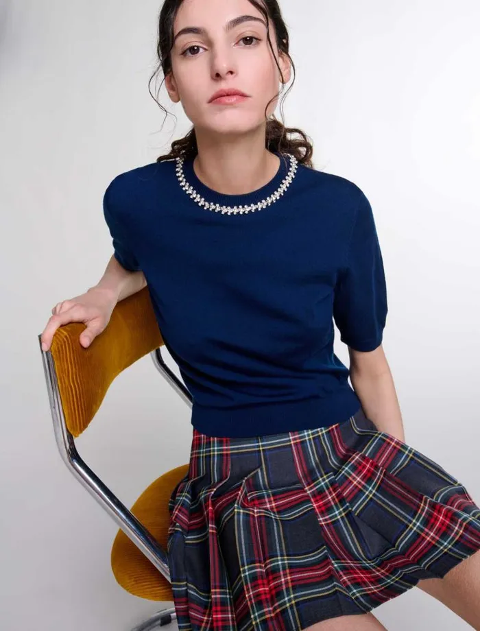 Maje Sweaters and Cardigans Womens Knit Crop Jumper With Rhinestones Navy