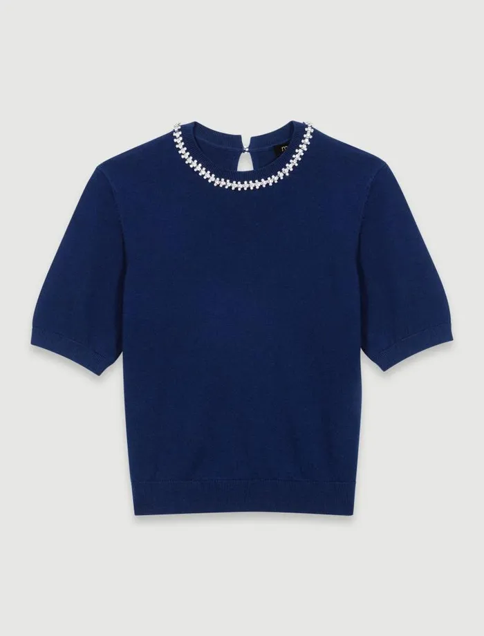 Maje Sweaters and Cardigans Womens Knit Crop Jumper With Rhinestones Navy