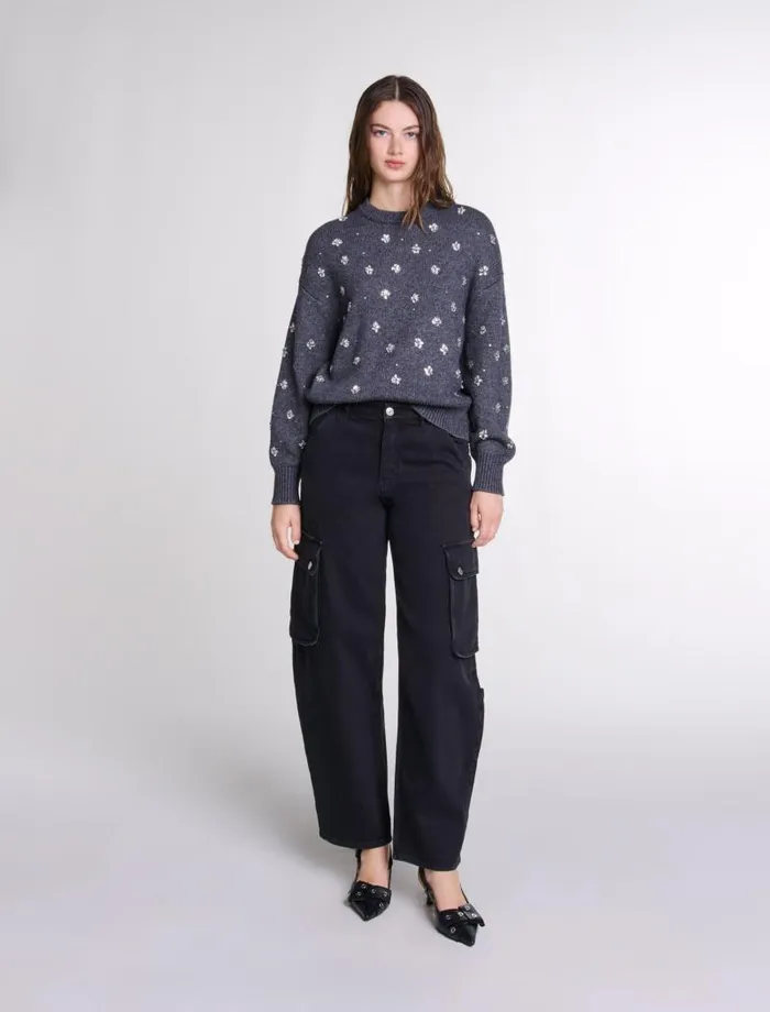 Maje Sweaters and Cardigans Womens Knitted Jumper With Rhinestones Anthracite