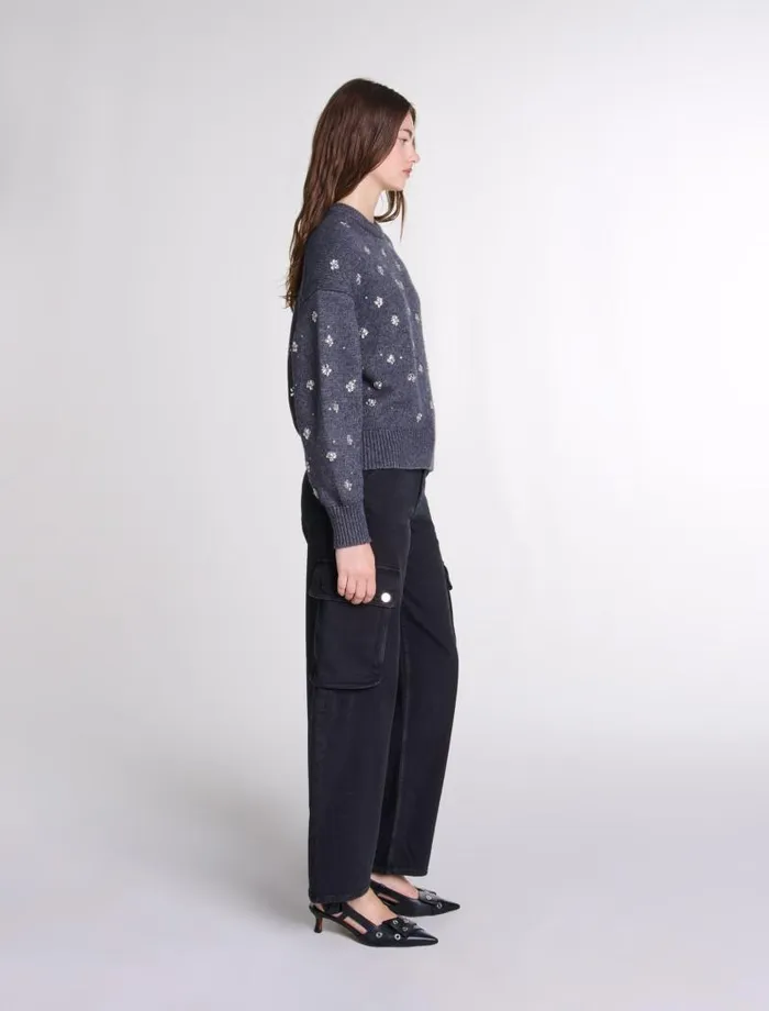 Maje Sweaters and Cardigans Womens Knitted Jumper With Rhinestones Anthracite