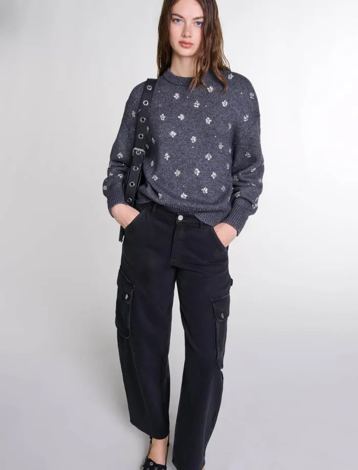 Maje Sweaters and Cardigans Womens Knitted Jumper With Rhinestones Anthracite