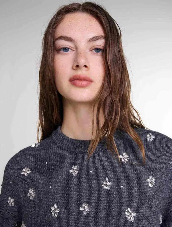 Maje Sweaters and Cardigans Womens Knitted Jumper With Rhinestones Anthracite