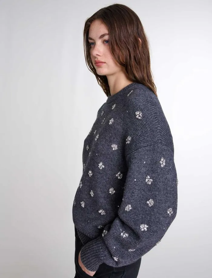 Maje Sweaters and Cardigans Womens Knitted Jumper With Rhinestones Anthracite