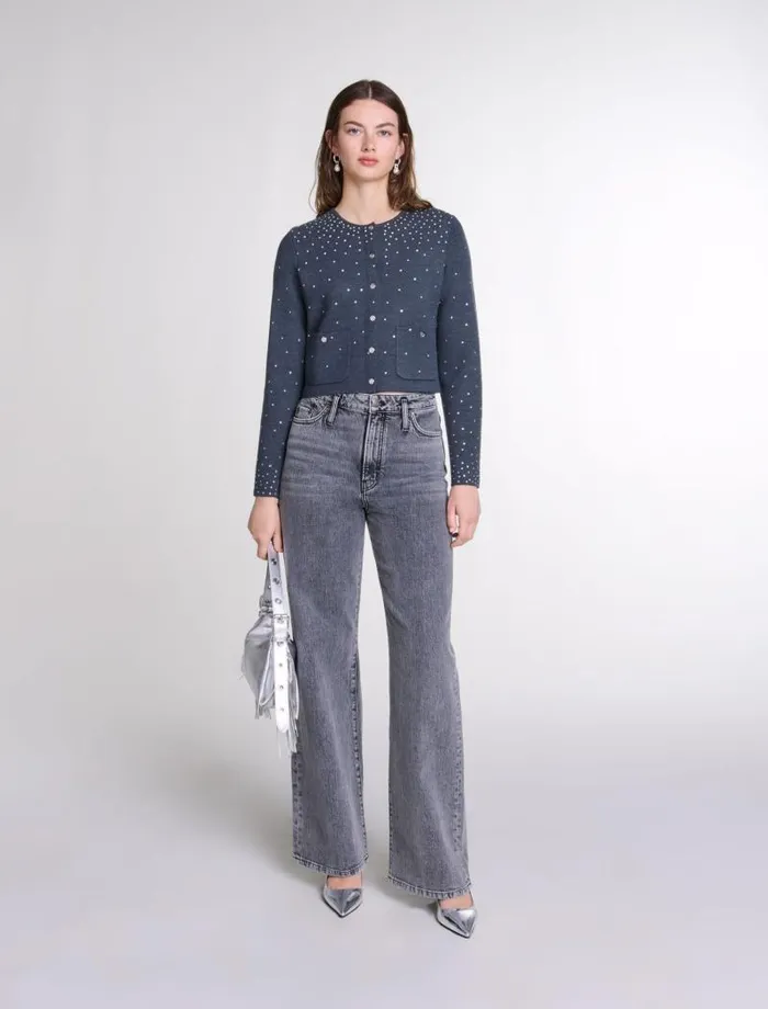 Maje Sweaters and Cardigans Womens Knitted Jumper With Rhinestones Grey