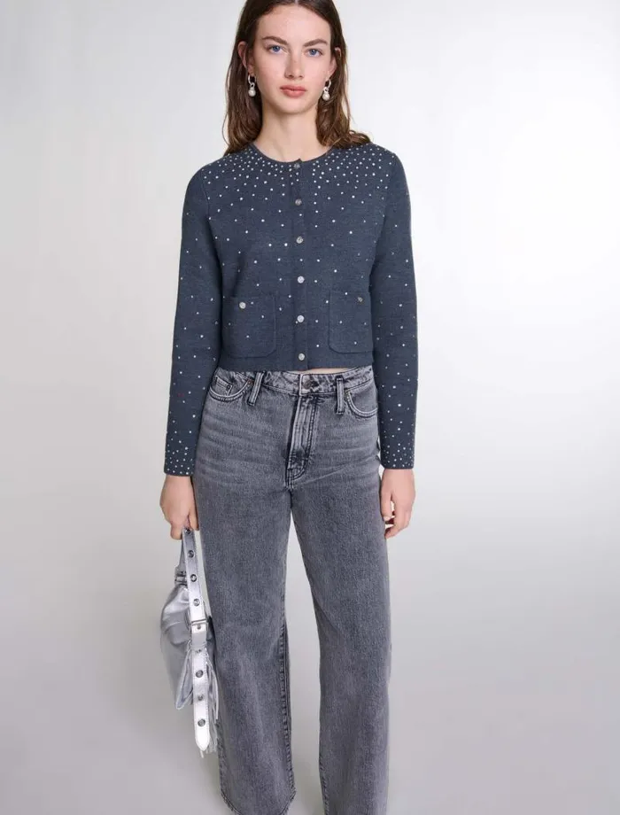Maje Sweaters and Cardigans Womens Knitted Jumper With Rhinestones Grey