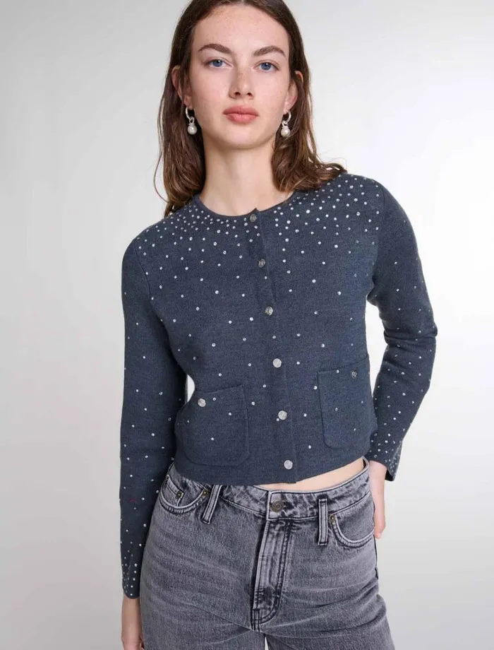 Maje Sweaters and Cardigans Womens Knitted Jumper With Rhinestones Grey