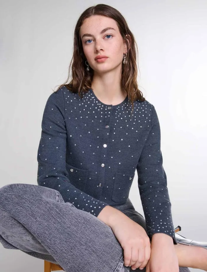Maje Sweaters and Cardigans Womens Knitted Jumper With Rhinestones Grey