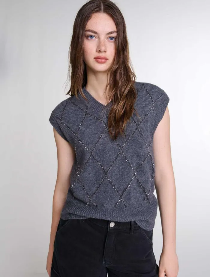 Maje Sweaters and Cardigans Womens Sleeveless Sequin Jumper Anthracite