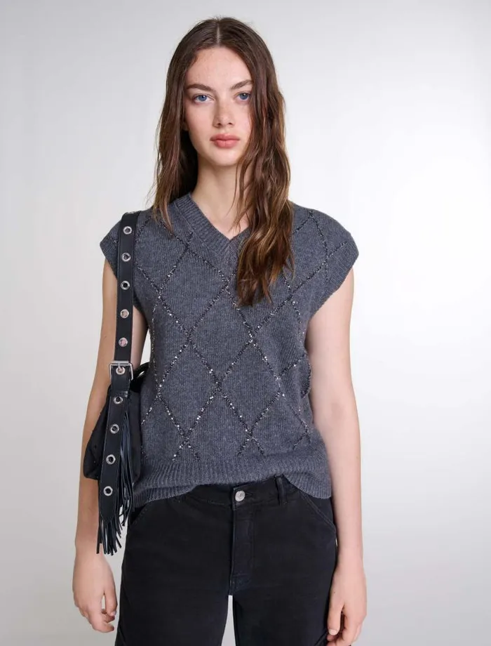 Maje Sweaters and Cardigans Womens Sleeveless Sequin Jumper Anthracite