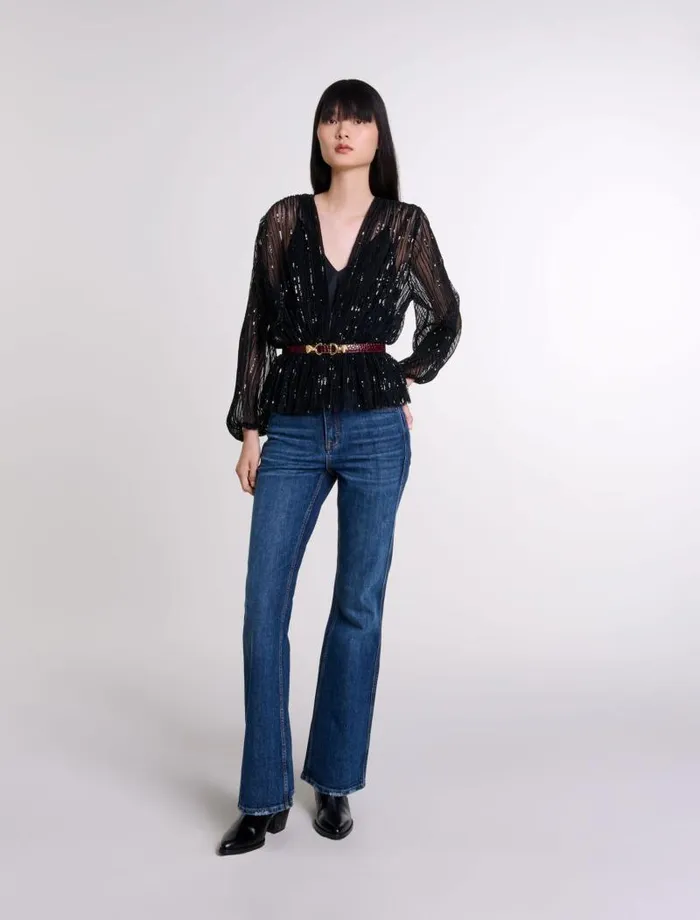 Maje Tops and Shirts Womens Belted Sequin Shirt Black