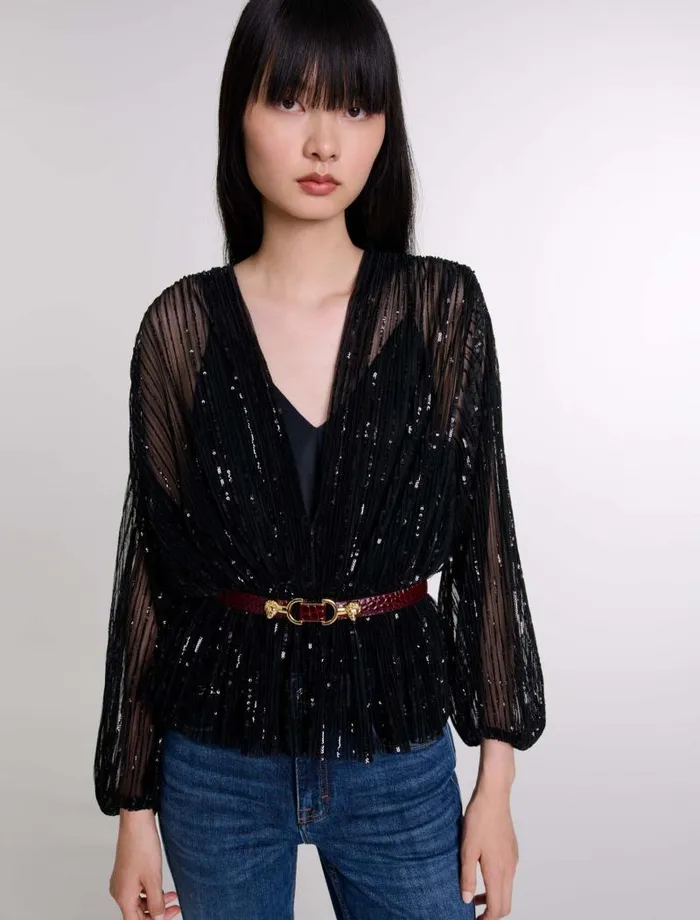 Maje Tops and Shirts Womens Belted Sequin Shirt Black