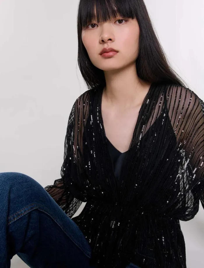 Maje Tops and Shirts Womens Belted Sequin Shirt Black