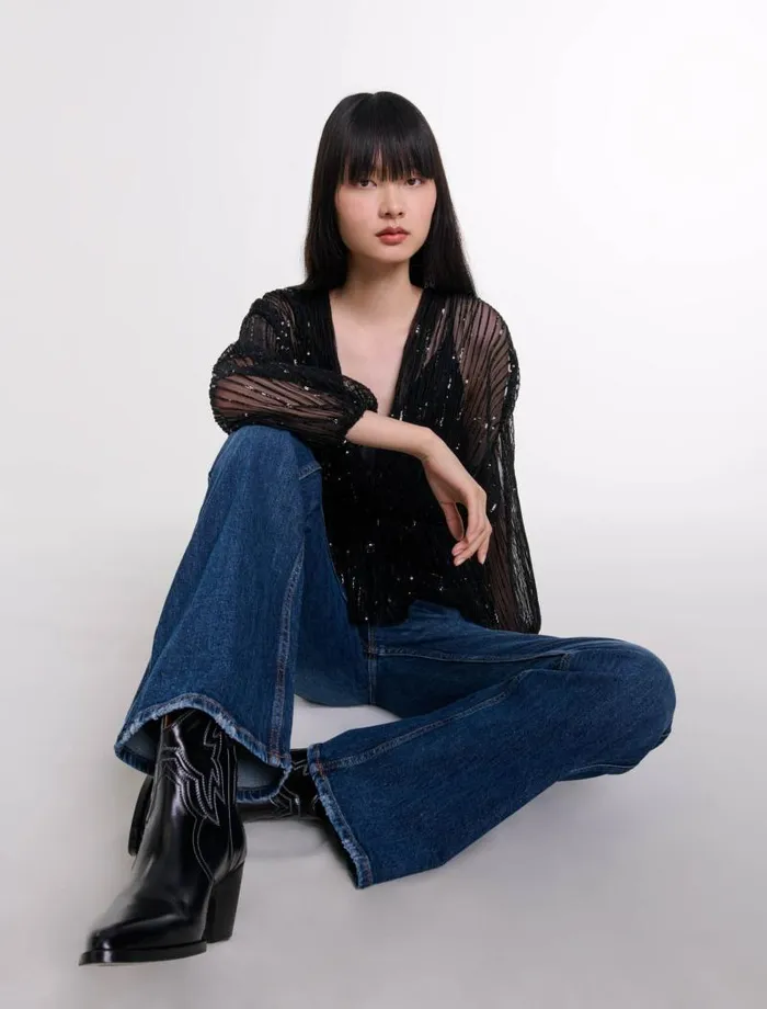 Maje Tops and Shirts Womens Belted Sequin Shirt Black