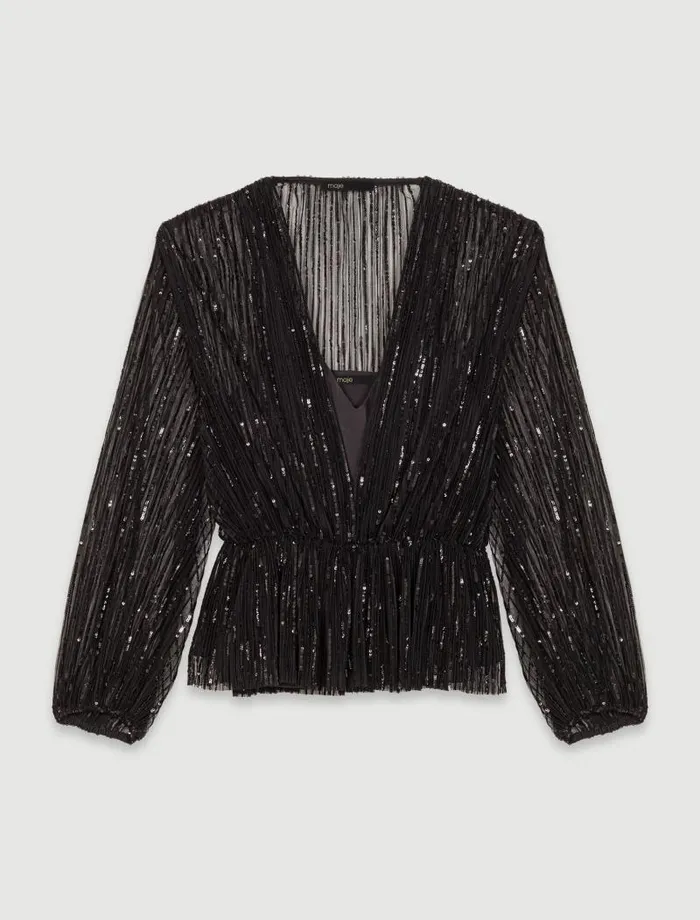 Maje Tops and Shirts Womens Belted Sequin Shirt Black