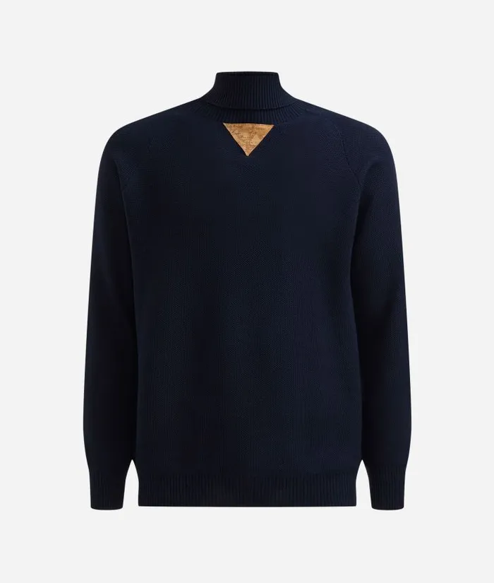 Man Knitwears Shirts and TShirts Alviero Martini Wool Blend Yarn Turtleneck With Geo Classic Elbow Patches Night Blue